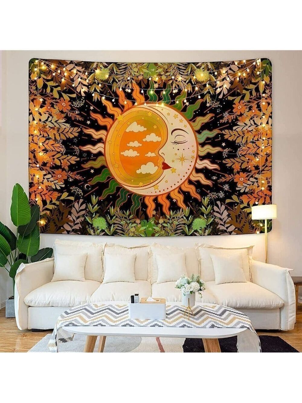 Psychedelic Moon Stars Garden Flower Tapestry Mandala Living Room Bedroom Dorm